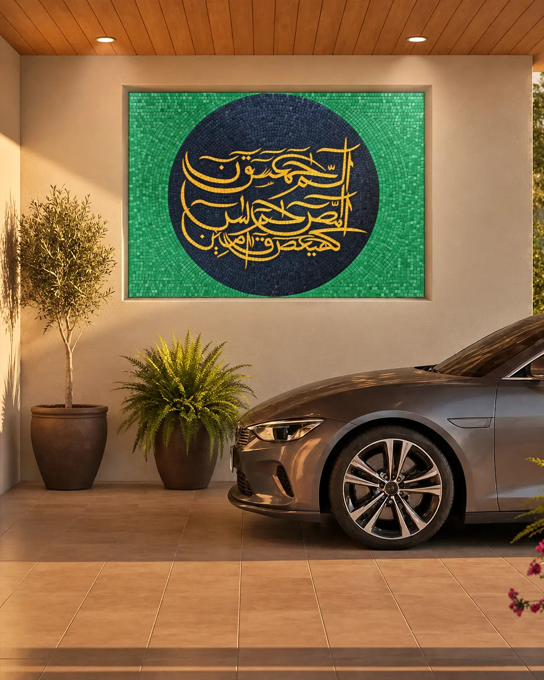 Gold Quranic calligraphy vitreous glass mosaic on a navy circle and green background, installed on an entrance feature wall.
