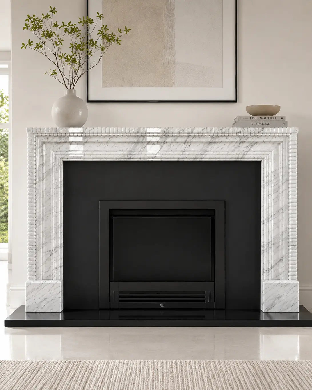 Handcrafted Ziarat White marble fireplace surround with columns and polished natural stone