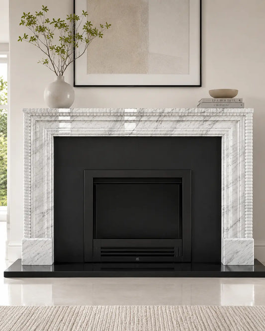 Handcrafted Ziarat White marble fireplace surround with columns and polished natural stone