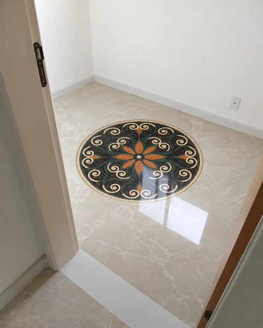 Autumn Bloom floral marble mosaic medallion installed in a polished cream marble floor