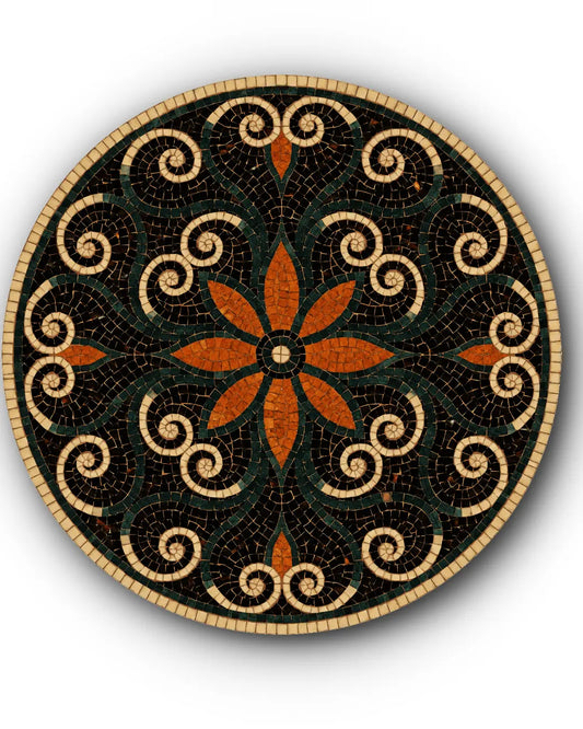 Round floral scroll mosaic medallion handcrafted in black, Pak Green, rust and cream marble