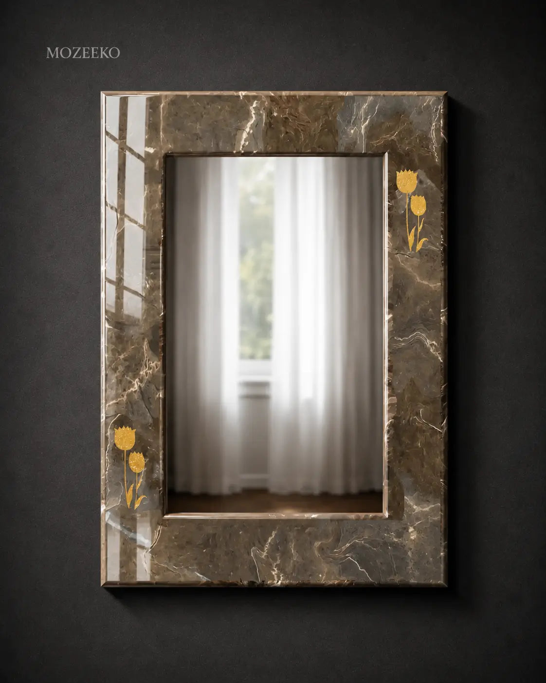 Coffee marble mirror frame with brass floral inlay, rectangular 22 × 32 inches, handcrafted luxury stone mirror by Mozeeko