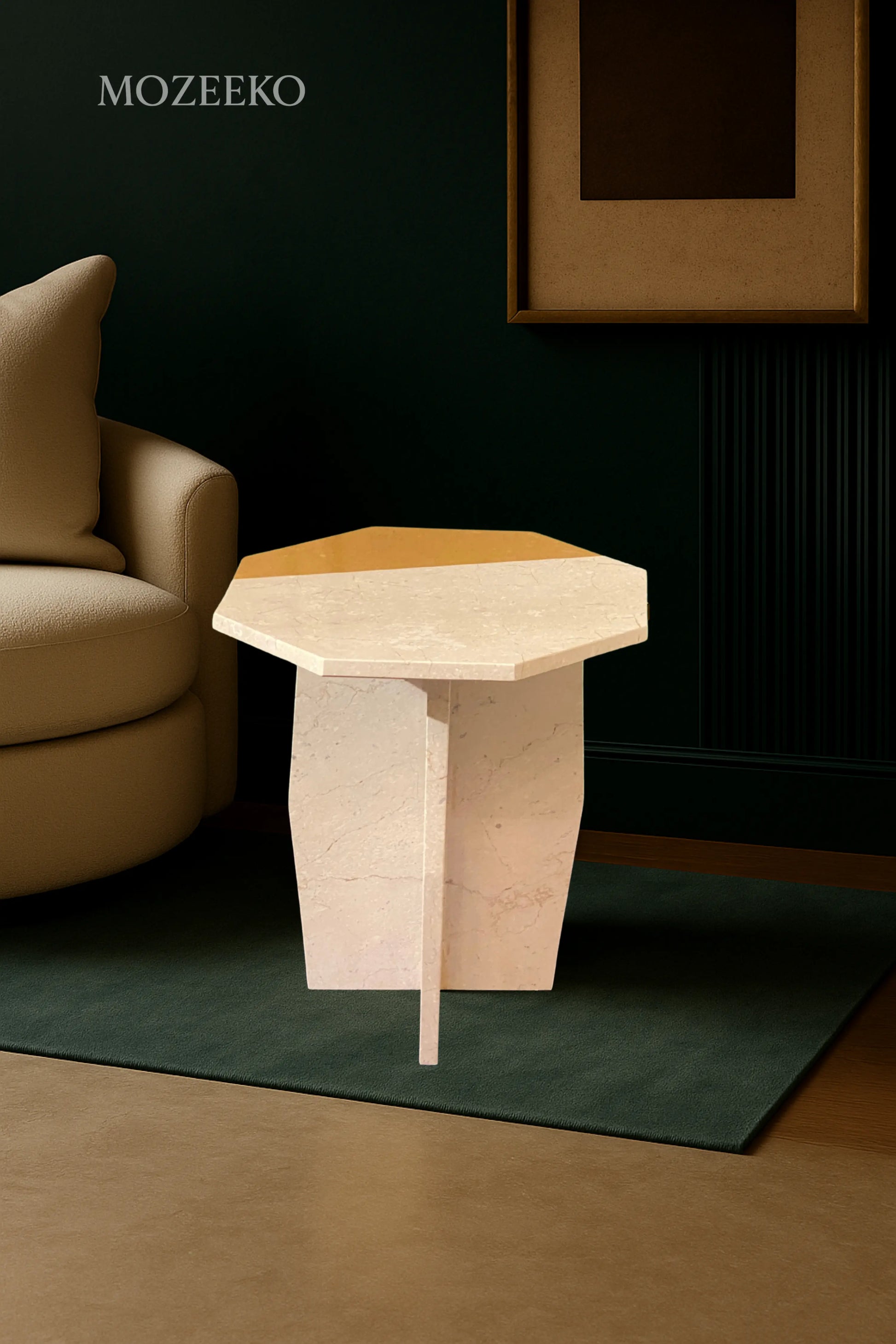 Segmented marble accent table with seamless Botticino Cream and Golden Marble round top, handcrafted 19" tall side table by Mozeeko.