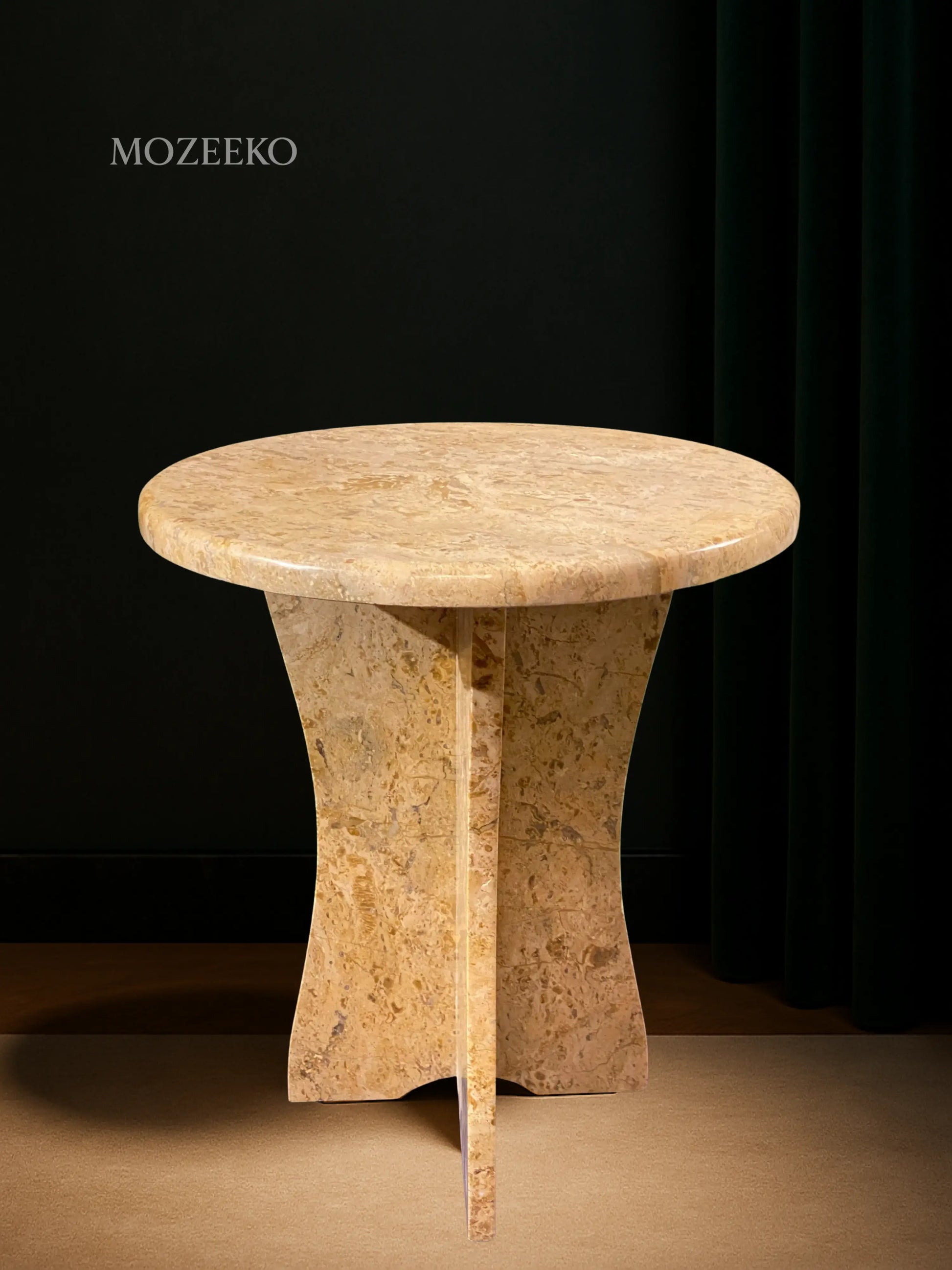 Desert Gold marble accent table displayed in luxury room setting – 19" height, 15.75" diameter top, Mozeeko handcrafted design