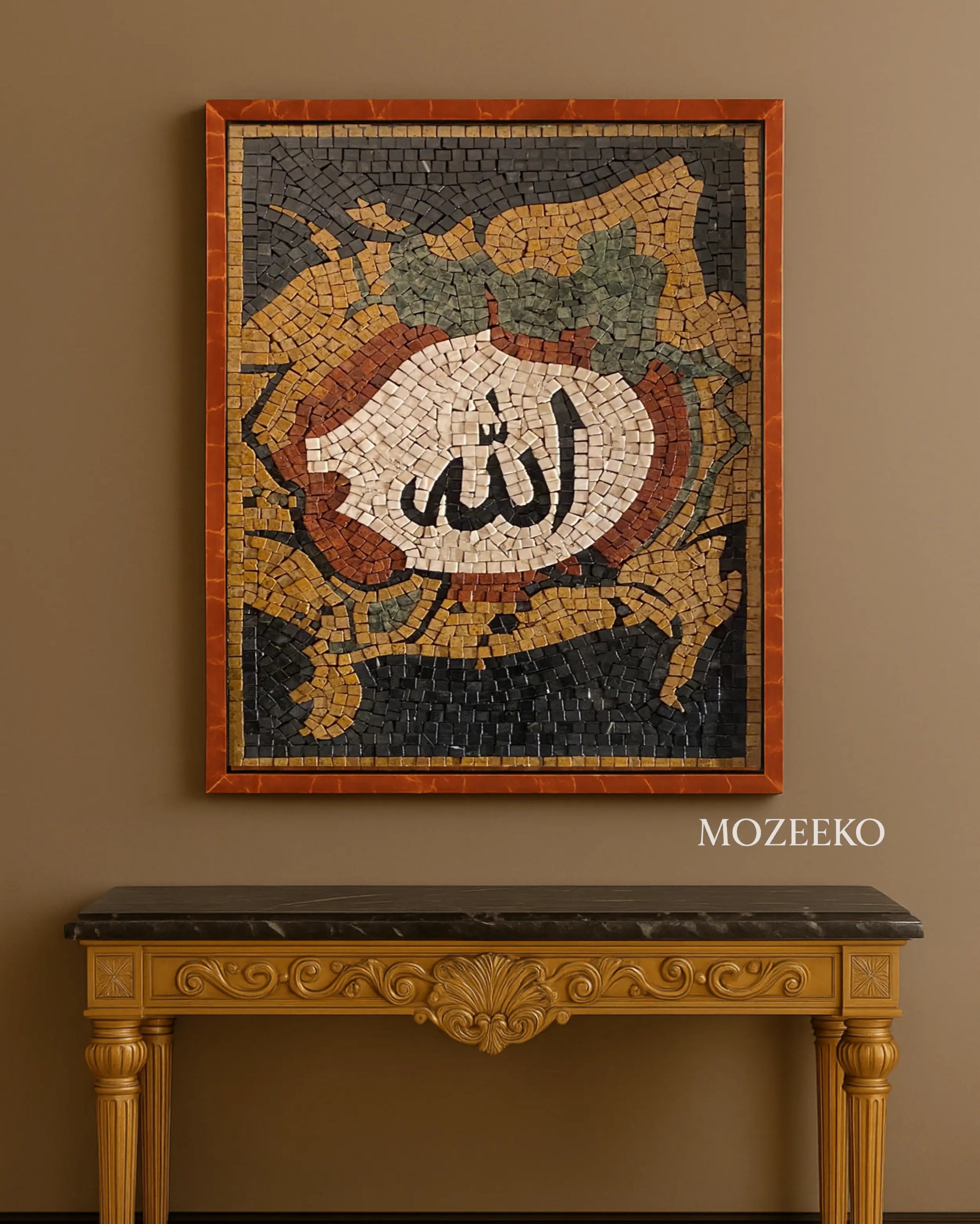Allah marble mosaic calligraphy wall art handcrafted in natural stone with red and gold high-gloss floating frame by Mozeeko Atelier