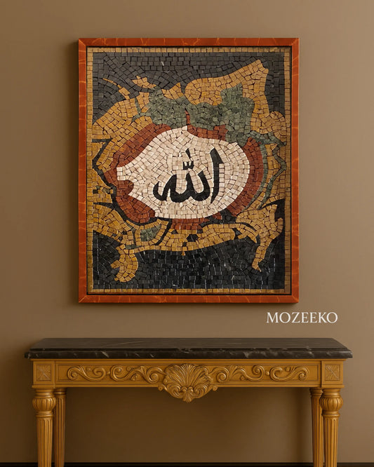 Allah marble mosaic calligraphy wall art handcrafted in natural stone with red and gold high-gloss floating frame by Mozeeko Atelier