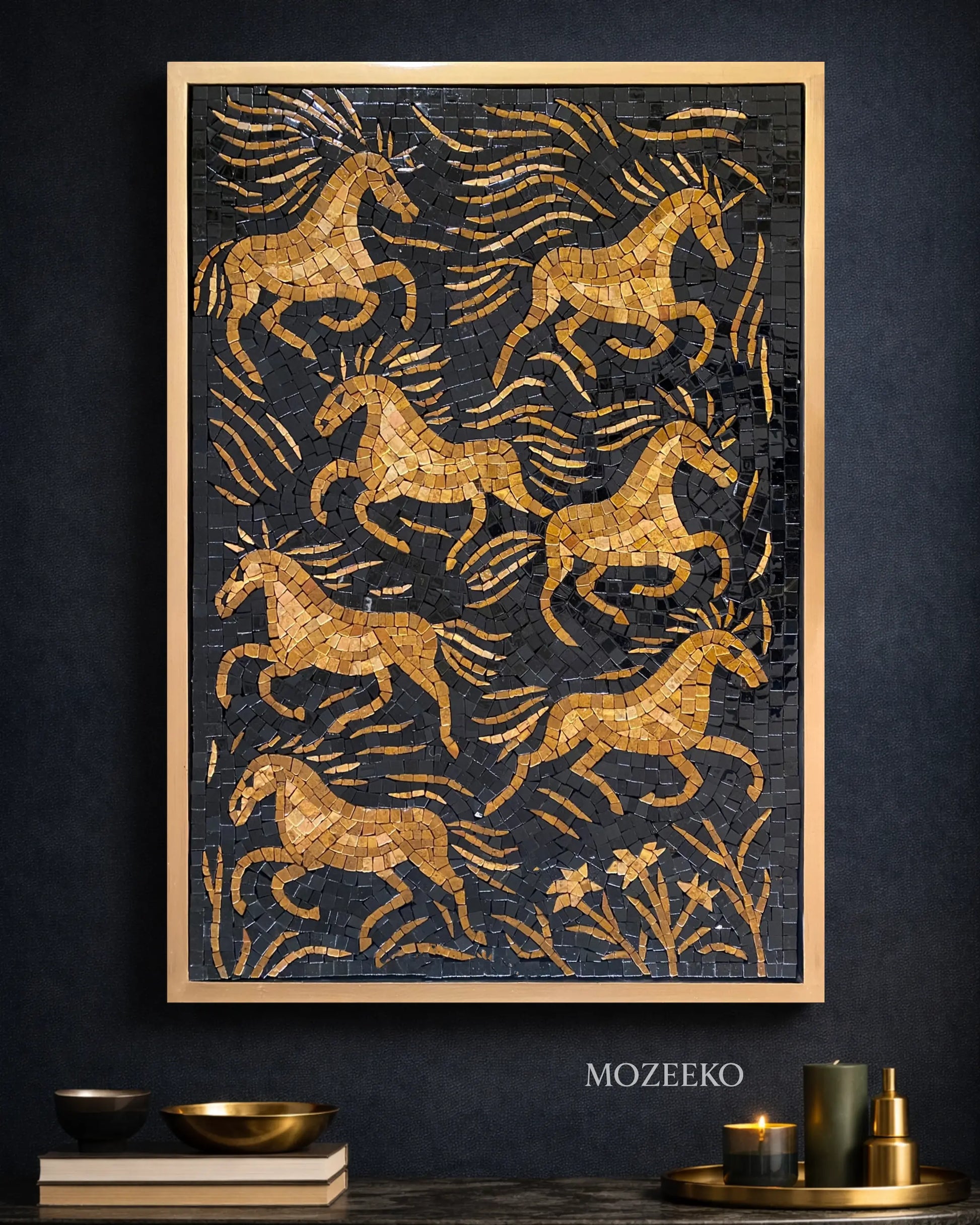 Golden Stallions marble mosaic wall art featuring galloping horses in golden stone on a deep black background