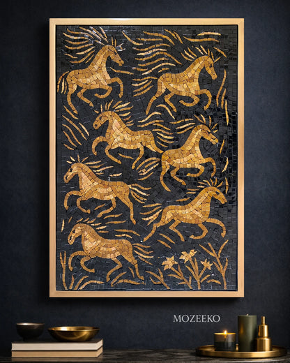 Golden Stallions marble mosaic wall art featuring galloping horses in golden stone on a deep black background