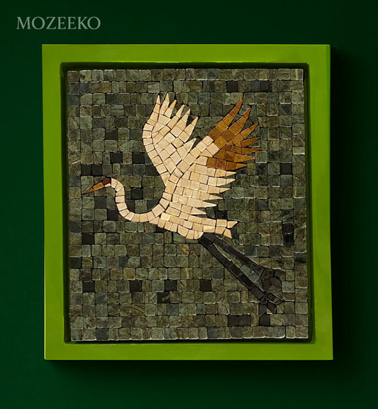 Flight Over Emerald – 12×14 handmade marble mosaic wall art of a crane with cream and golden wings over jungle green background, lime green frame (NIA Collection by Mozeeko)