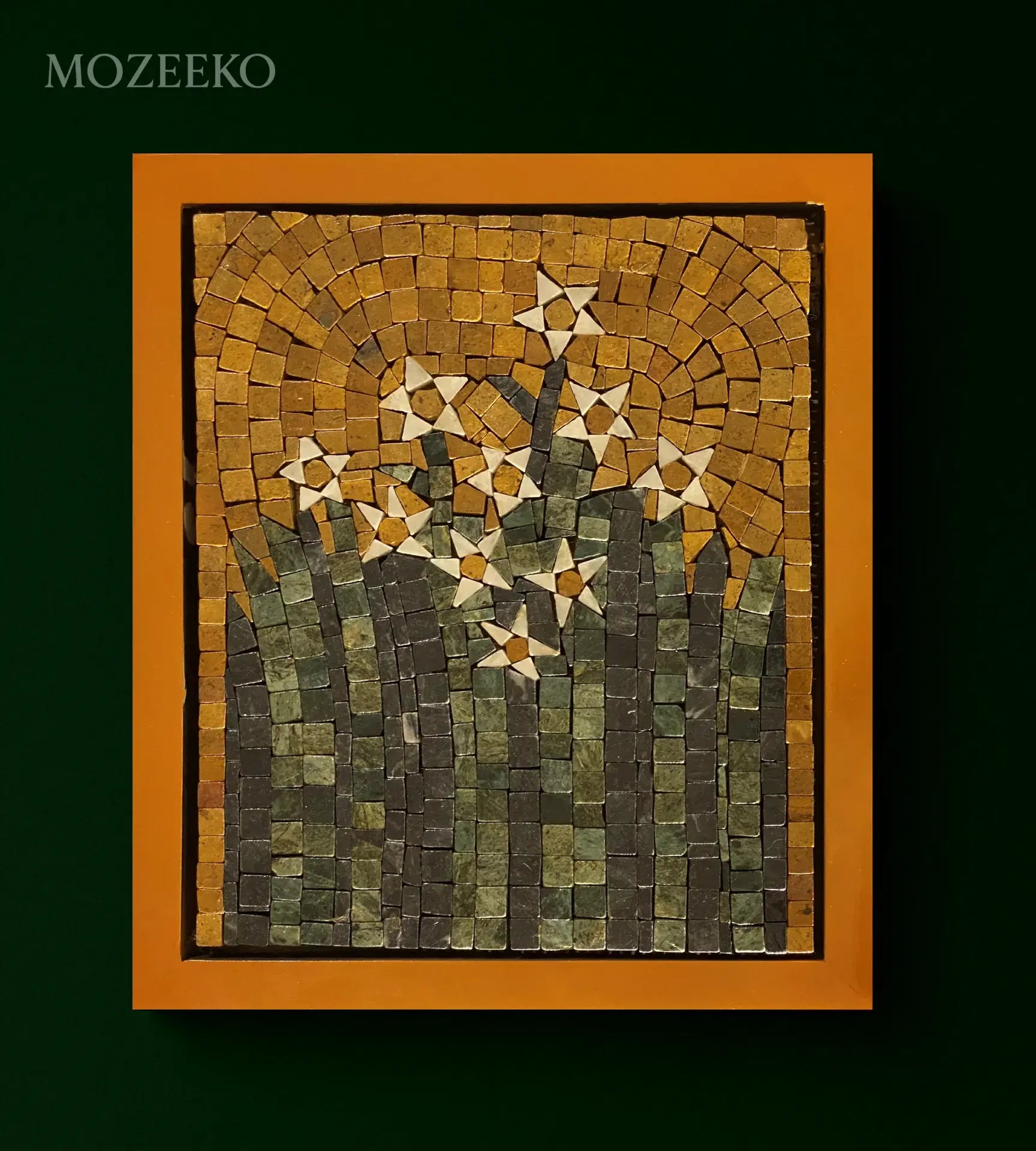 Golden Bloom – 12×14 handmade marble mosaic wall art with golden background and white star flowers (NIA Collection by Mozeeko)