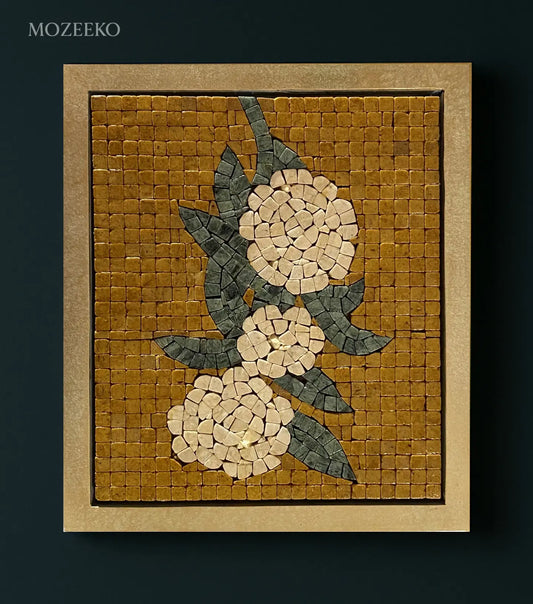 Golden Blossoms – 12×14 handmade marble mosaic wall art of cream flowers with jungle green leaves on golden background, Champagne Beige frame (NIA Collection by Mozeeko)