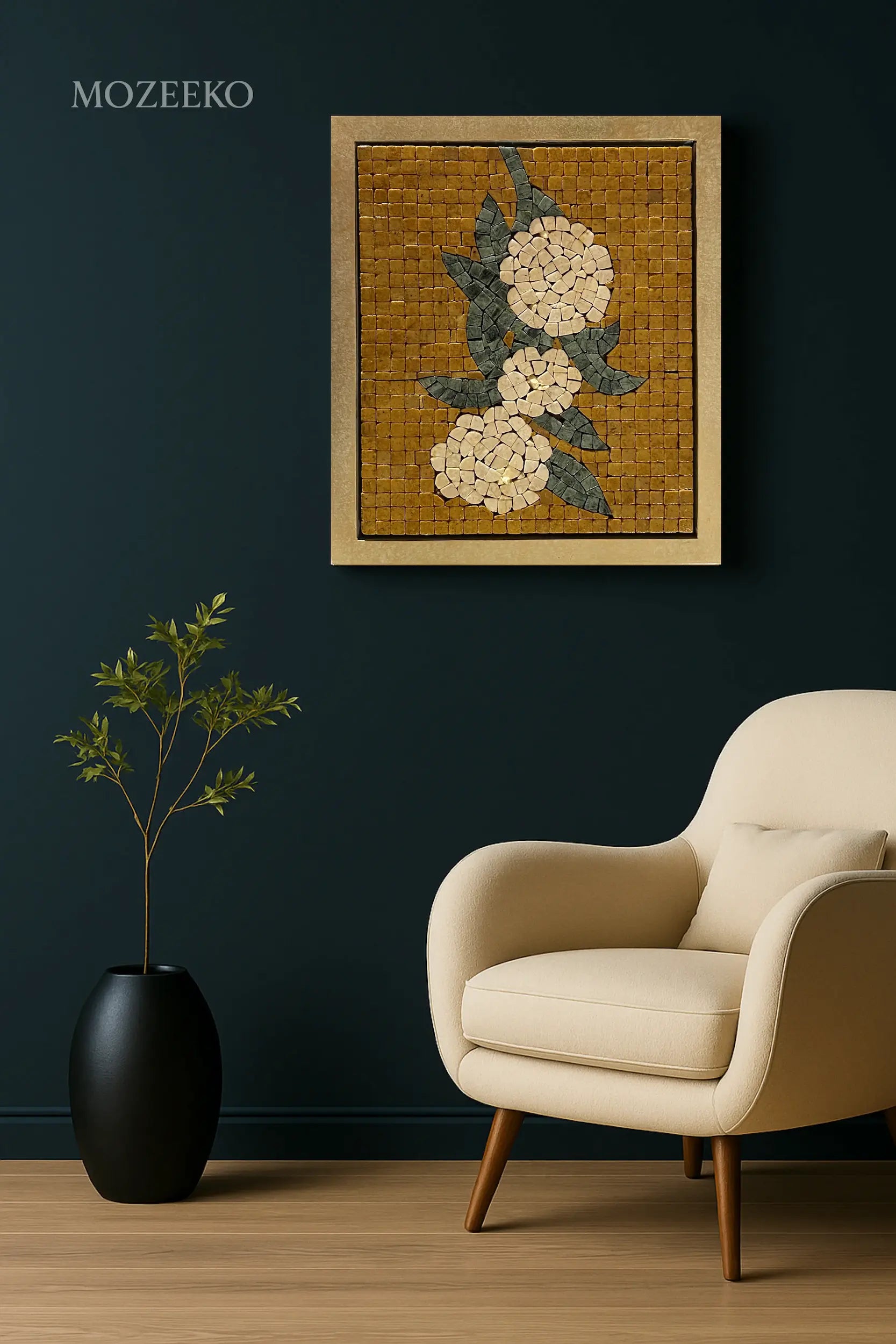 Golden Blossoms – marble mosaic wall art (Jungle Green, Boticina Cream, Golden) displayed with Champagne Beige frame in interior setting, NIA Collection by Mozeeko