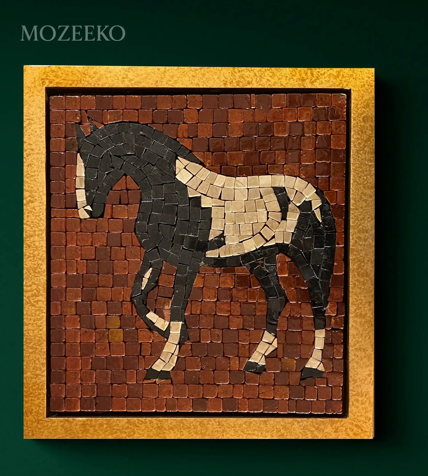 Majestic Stride – 12×14 handmade marble mosaic wall art of a horse in Jet Black Granite, Boticina Cream, and Red Golden marbles, framed in gold (NIA Collection by Mozeeko)