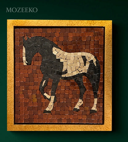 Majestic Stride – 12×14 handmade marble mosaic wall art of a horse in Jet Black Granite, Boticina Cream, and Red Golden marbles, framed in gold (NIA Collection by Mozeeko)