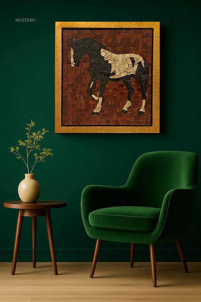 Majestic Stride – marble mosaic wall art horse design (Jet Black Granite, Boticina Cream, Red Golden) displayed in gold frame interior mockup – NIA Collection by Mozeeko