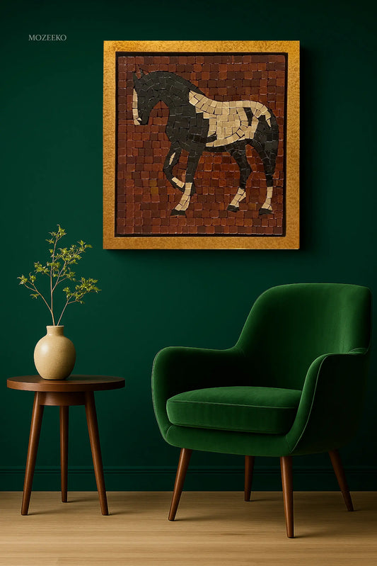 Majestic Stride – marble mosaic wall art horse design (Jet Black Granite, Boticina Cream, Red Golden) displayed in gold frame interior mockup – NIA Collection by Mozeeko