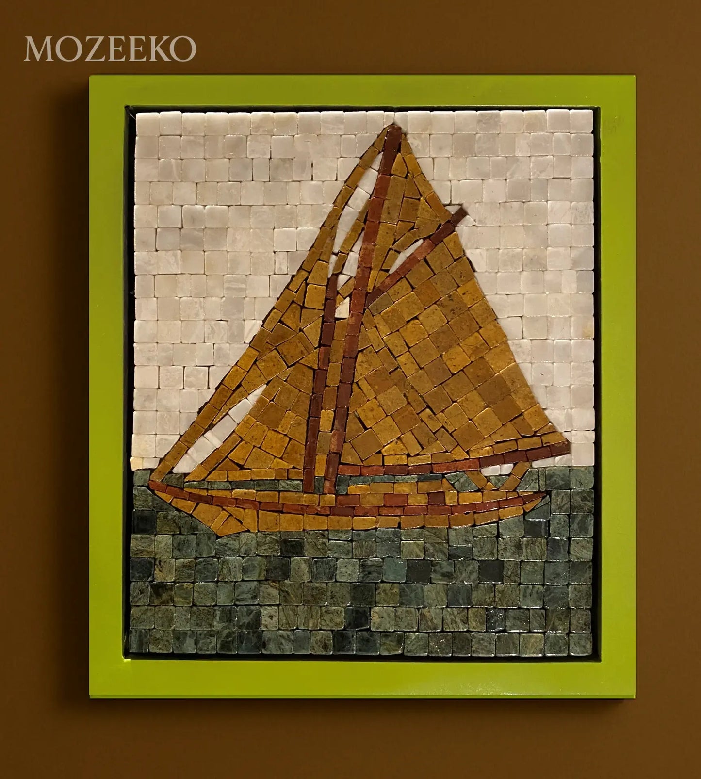 Sail of Dawn – 12×14 handmade marble mosaic wall art with golden and red-golden sails, super white sky, and jungle green sea (NIA Collection by Mozeeko)