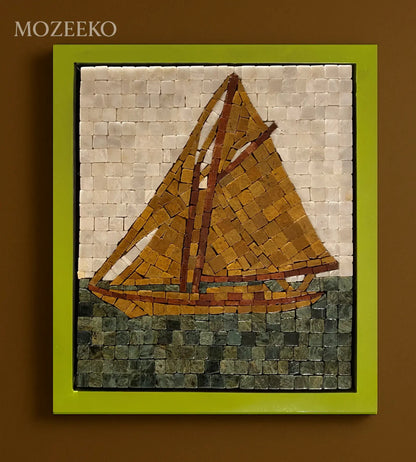 Sail of Dawn – 12×14 handmade marble mosaic wall art with golden and red-golden sails, super white sky, and jungle green sea (NIA Collection by Mozeeko)