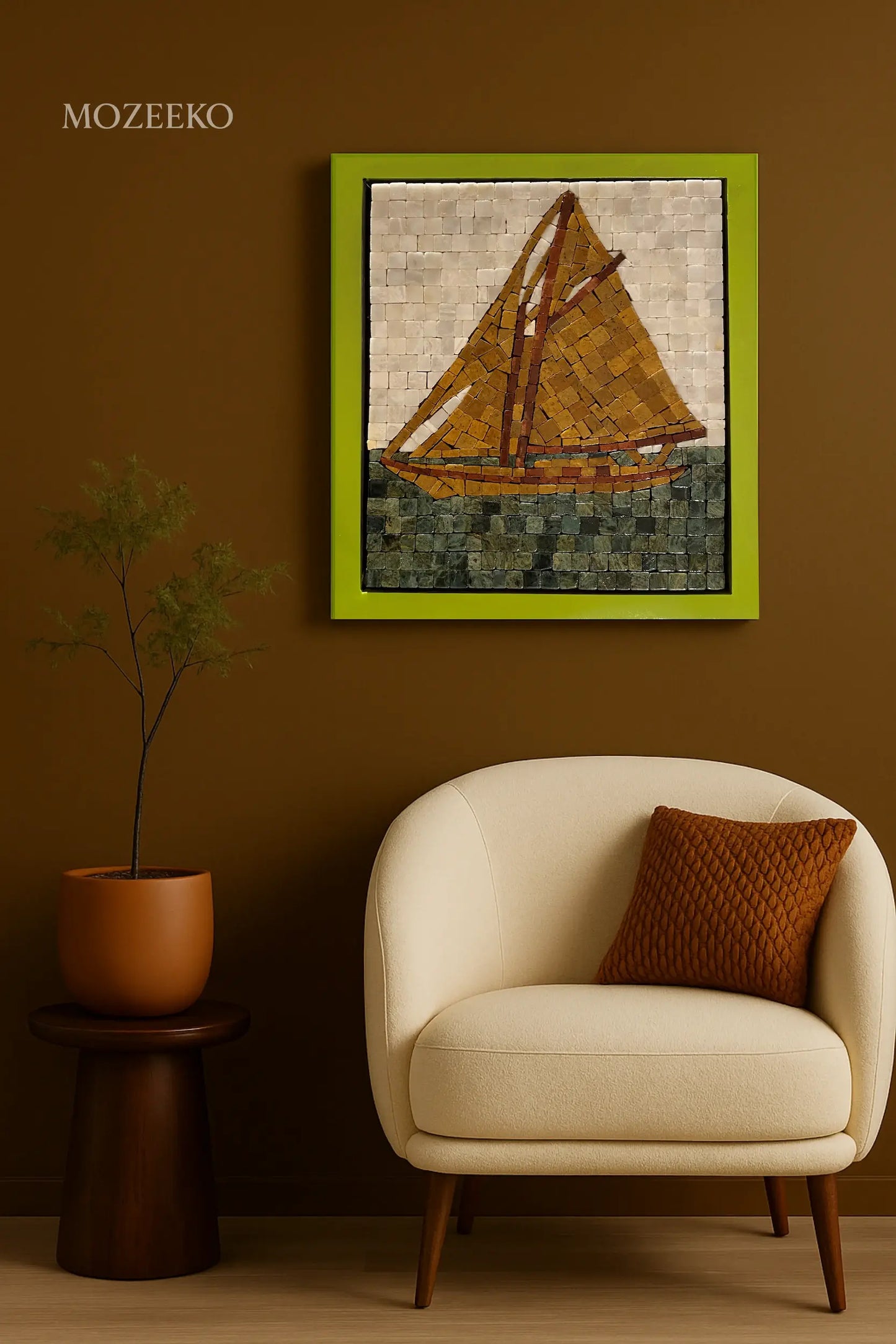 Sail of Dawn – marble mosaic wall art (Super White, Jungle Green, Golden, Red Golden) displayed in lime green frame in interior setting (NIA Collection by Mozeeko)
