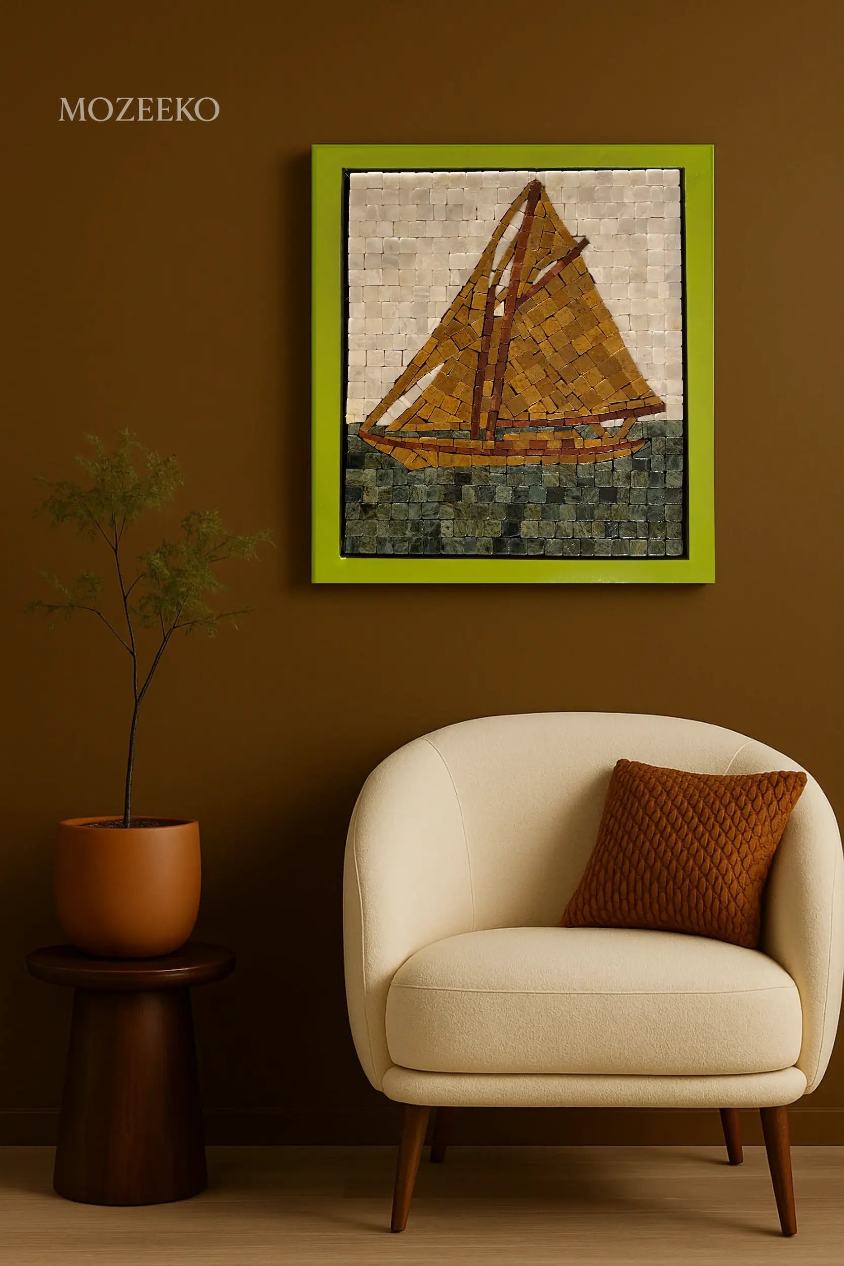 Sail of Dawn – marble mosaic wall art (Super White, Jungle Green, Golden, Red Golden) displayed in lime green frame in interior setting (NIA Collection by Mozeeko)