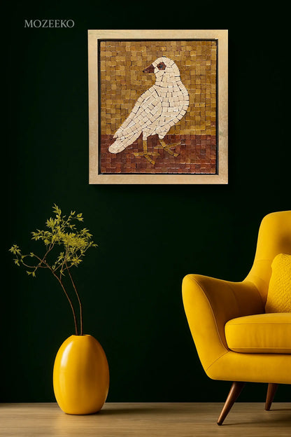 Silent Dove – marble mosaic wall art (Boticina Cream, Golden, Red Golden, Jet Black) displayed with Champagne Gold frame in luxury setting (NIA Collection by Mozeeko)