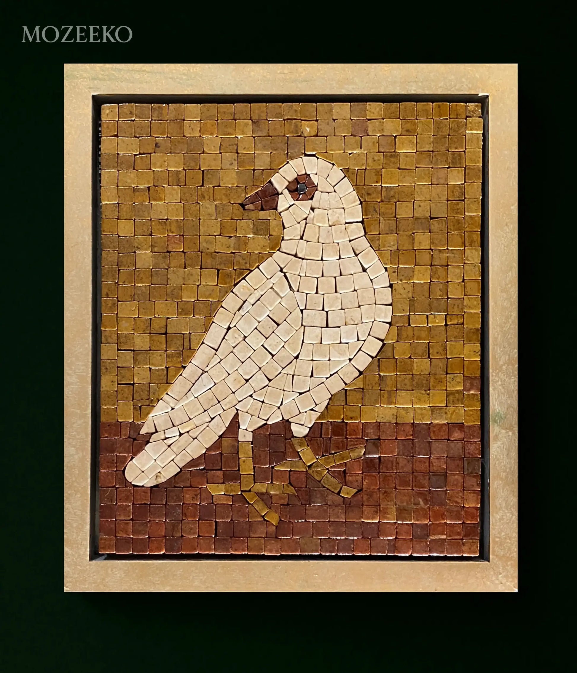 Silent Dove – 12×14 handmade marble mosaic wall art of a white bird on golden and red marble background, framed in Champagne Gold (NIA Collection by Mozeeko)