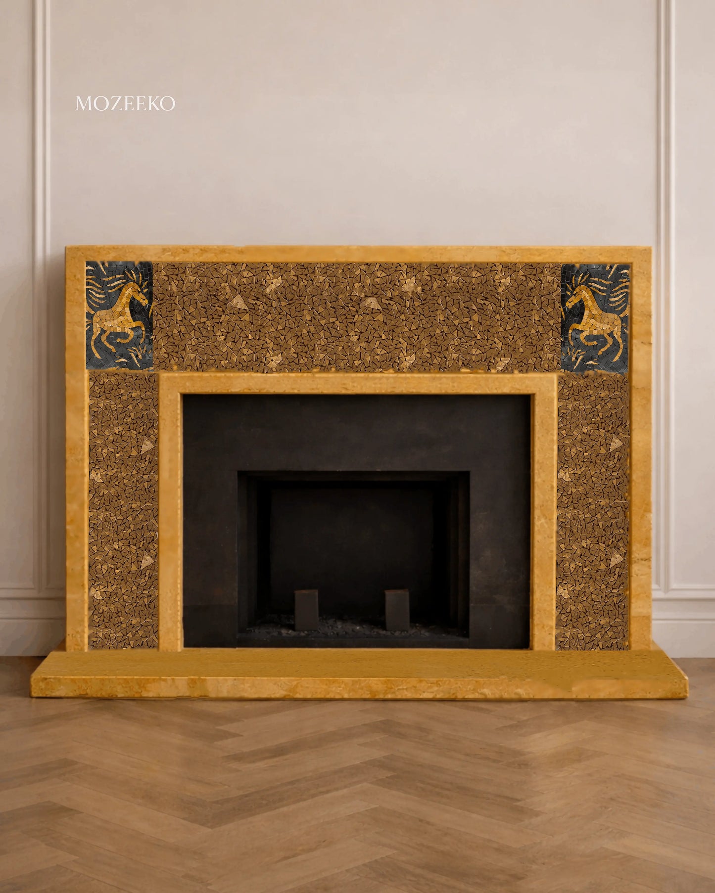 French-style golden marble fireplace featuring handcrafted horse mosaic inlays, designed in classical European proportions and made to order by Mozeeko.