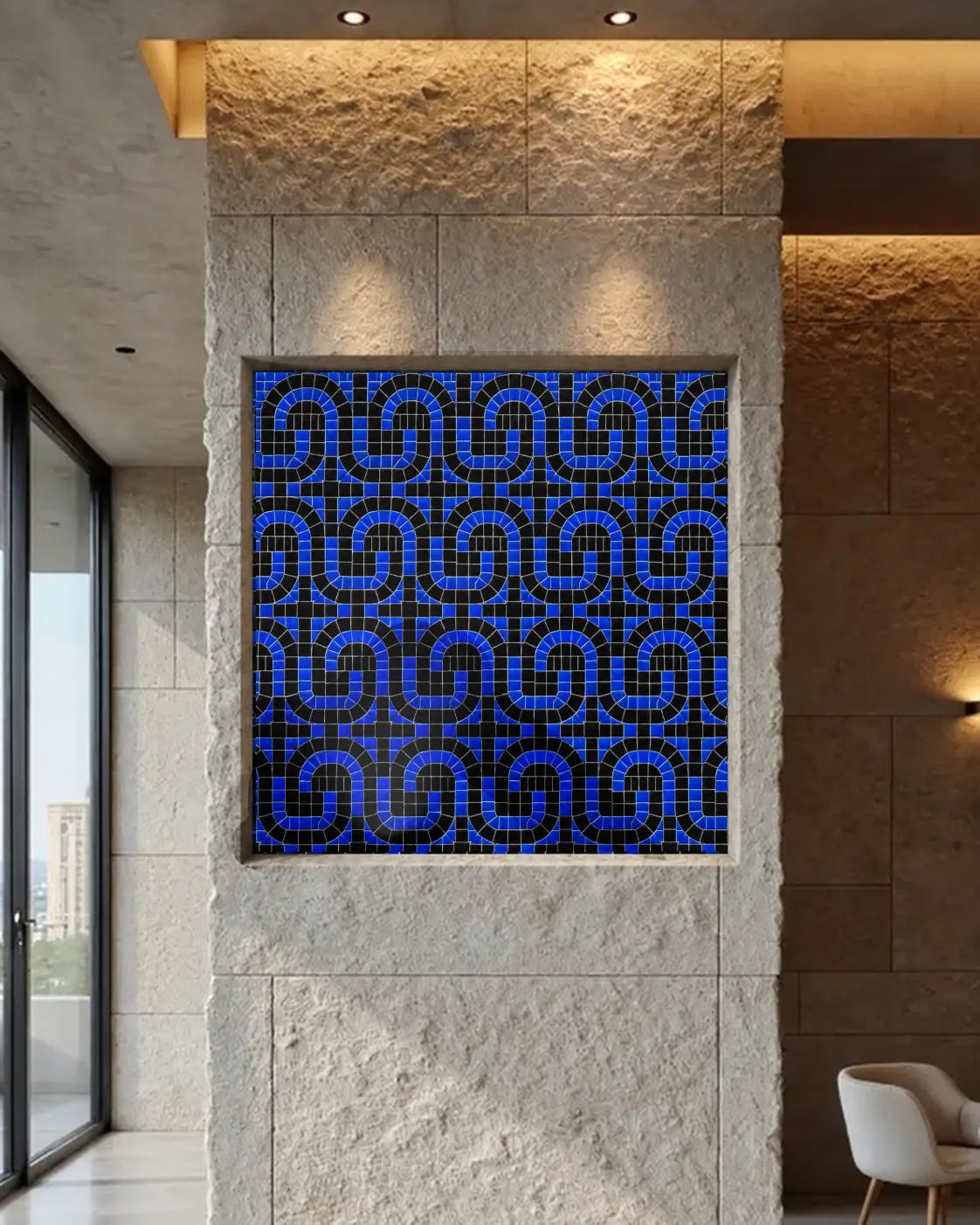Black and deep-blue geometric vitreous glass mosaic installed in a recessed stone feature wall.