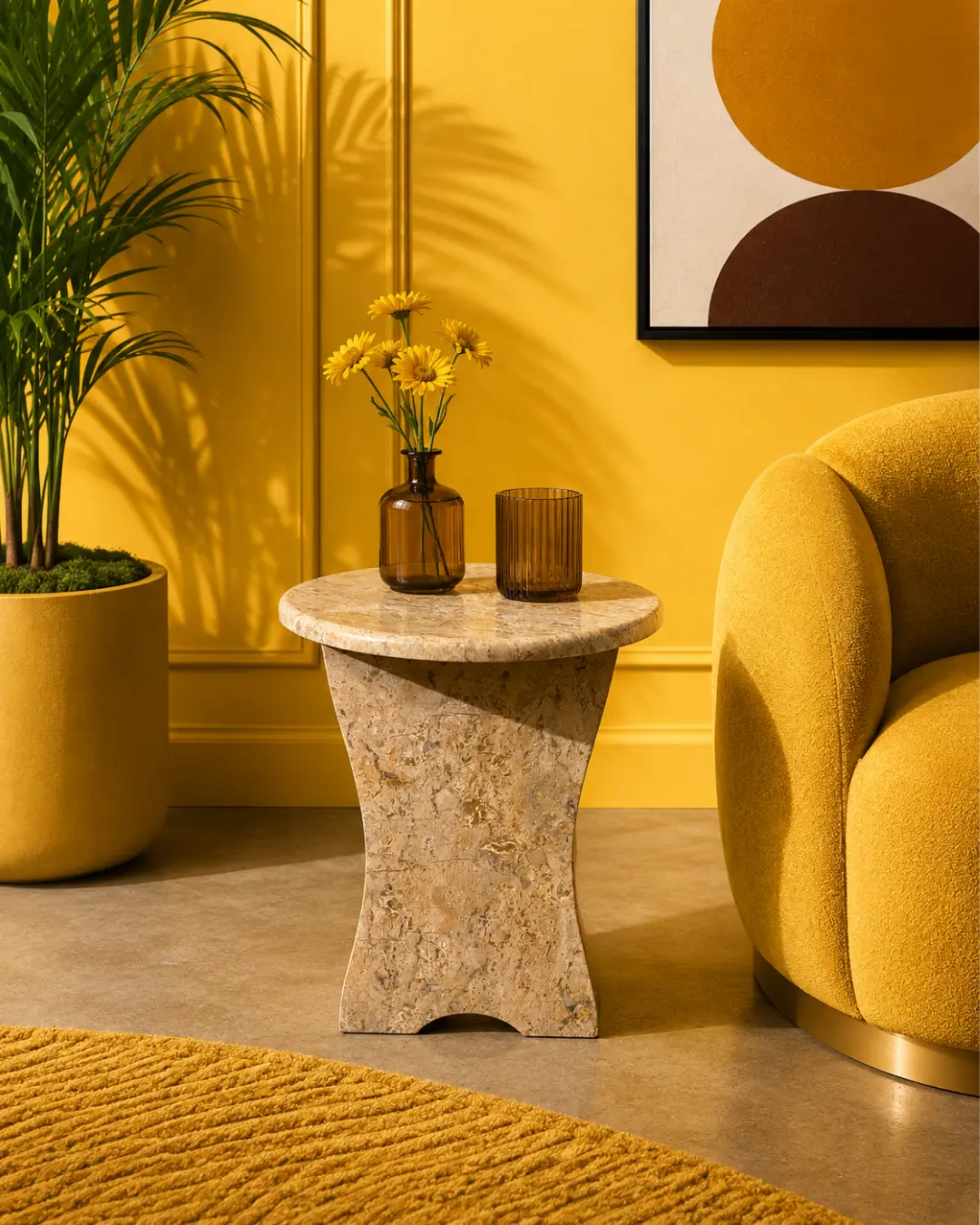 Desert Gold marble accent table displayed in luxury room setting – 19" height, 15.75" diameter top, Mozeeko handcrafted design