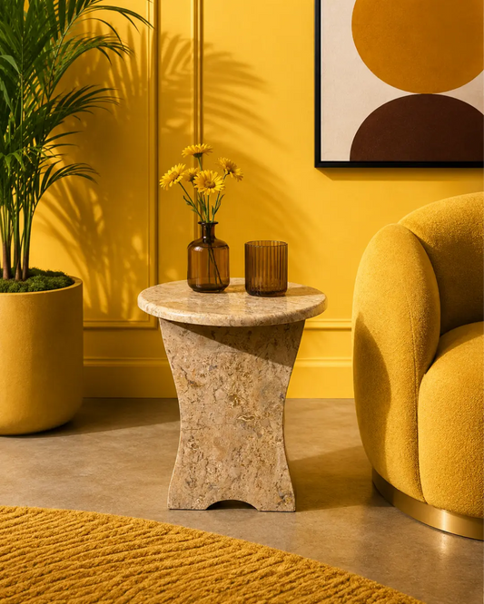 Desert Gold marble accent table displayed in luxury room setting – 19" height, 15.75" diameter top, Mozeeko handcrafted design