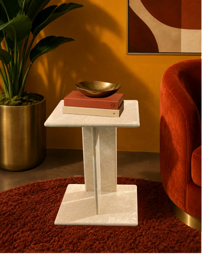 Cream Tippi marble accent table with platform base, featuring 15.75-inch top and 19-inch height, handcrafted by Mozeeko.