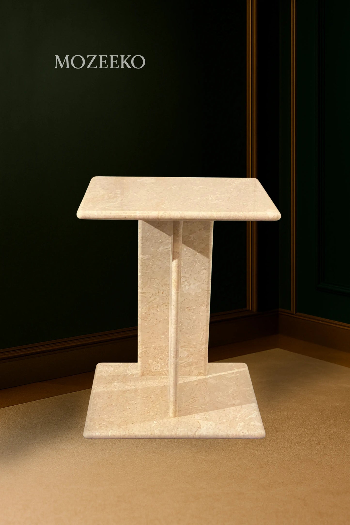 Cream Tippi marble accent table with platform base, featuring 15.75-inch top and 19-inch height, handcrafted by Mozeeko.