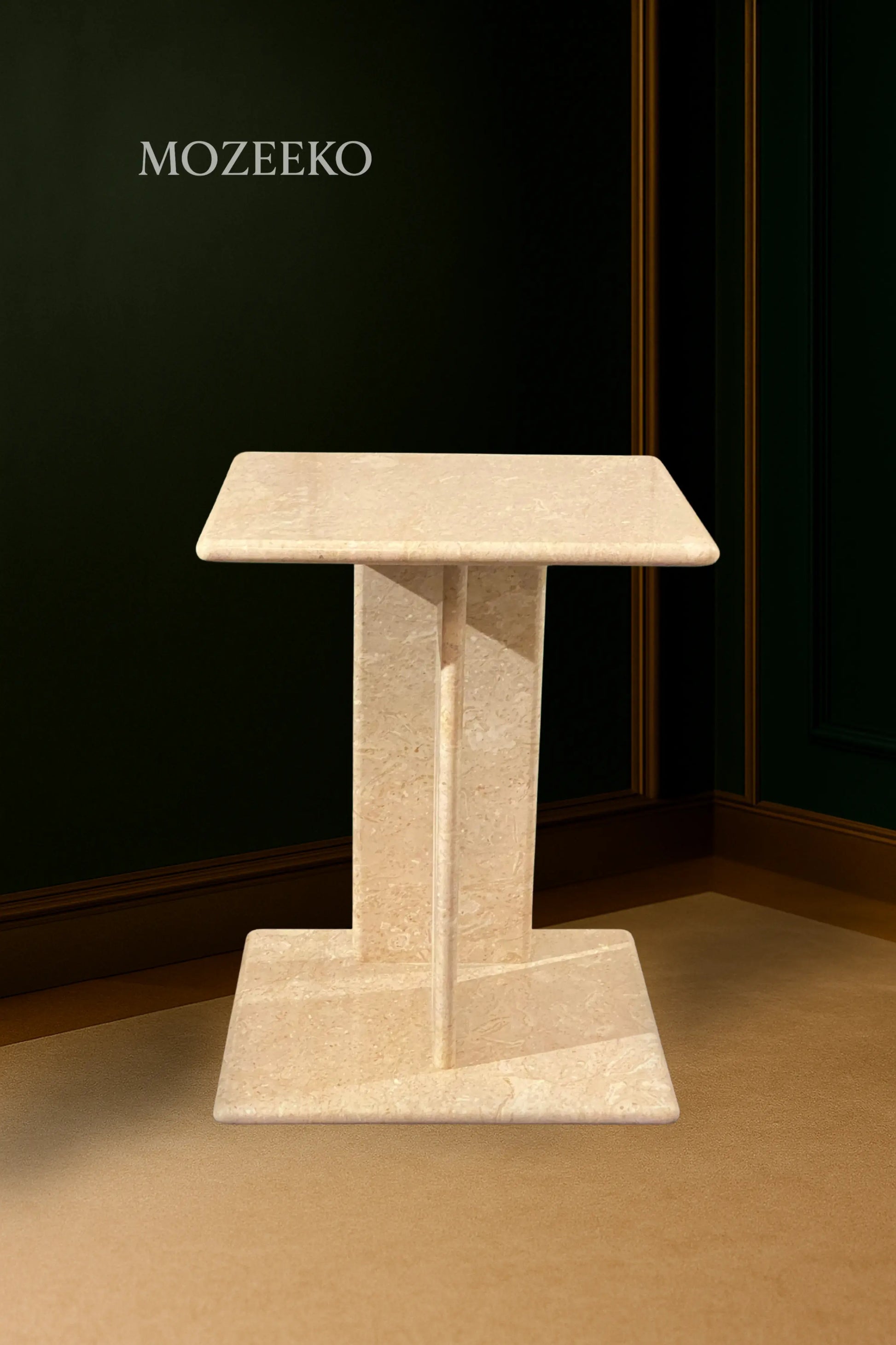 Cream Tippi marble accent table with platform base, featuring 15.75-inch top and 19-inch height, handcrafted by Mozeeko.