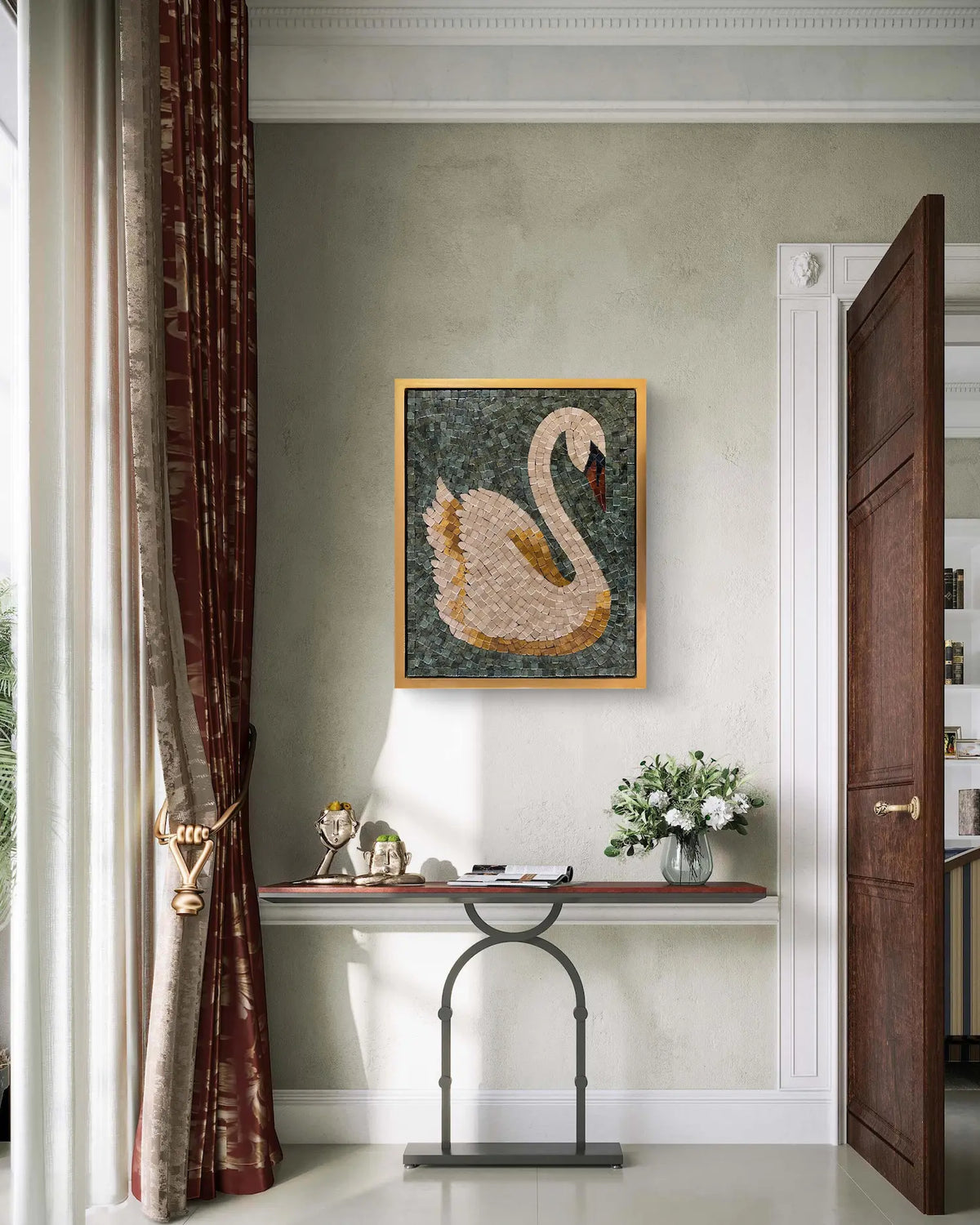 Luxury swan marble mosaic artwork jungle green and gold natural stone wall decor