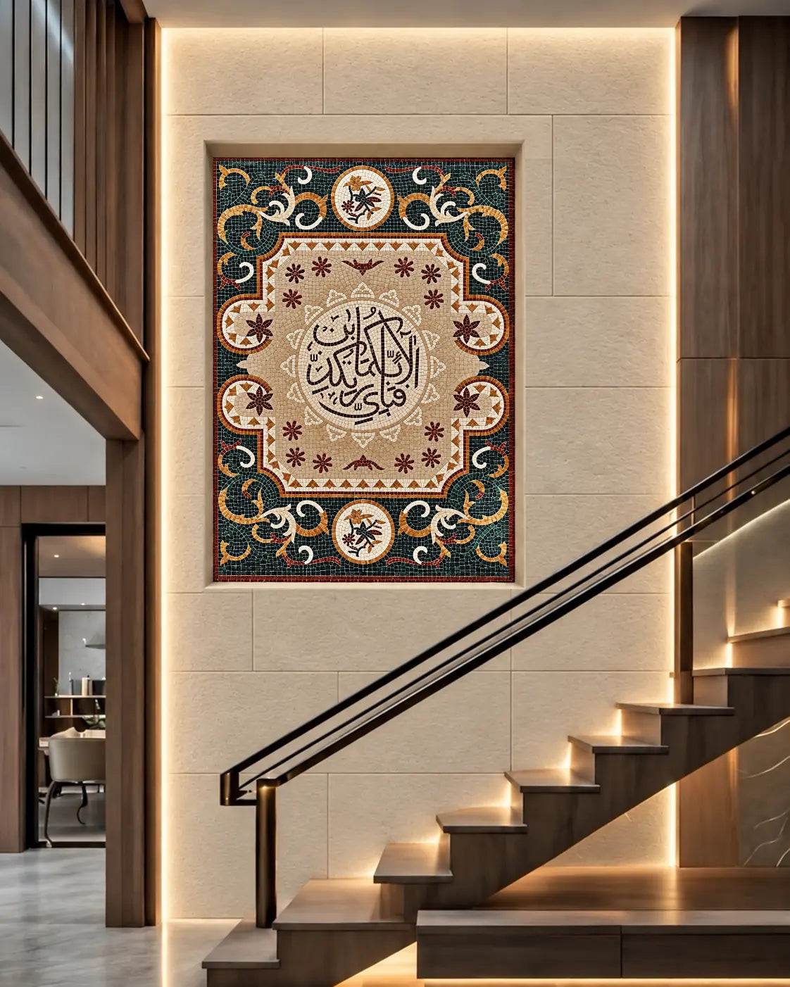 Luxury Fabi Ayyi Ala’i Rabbikuma Tukaththiban Quranic calligraphy marble mosaic with ornate floral border in green, cream, gold and burgundy