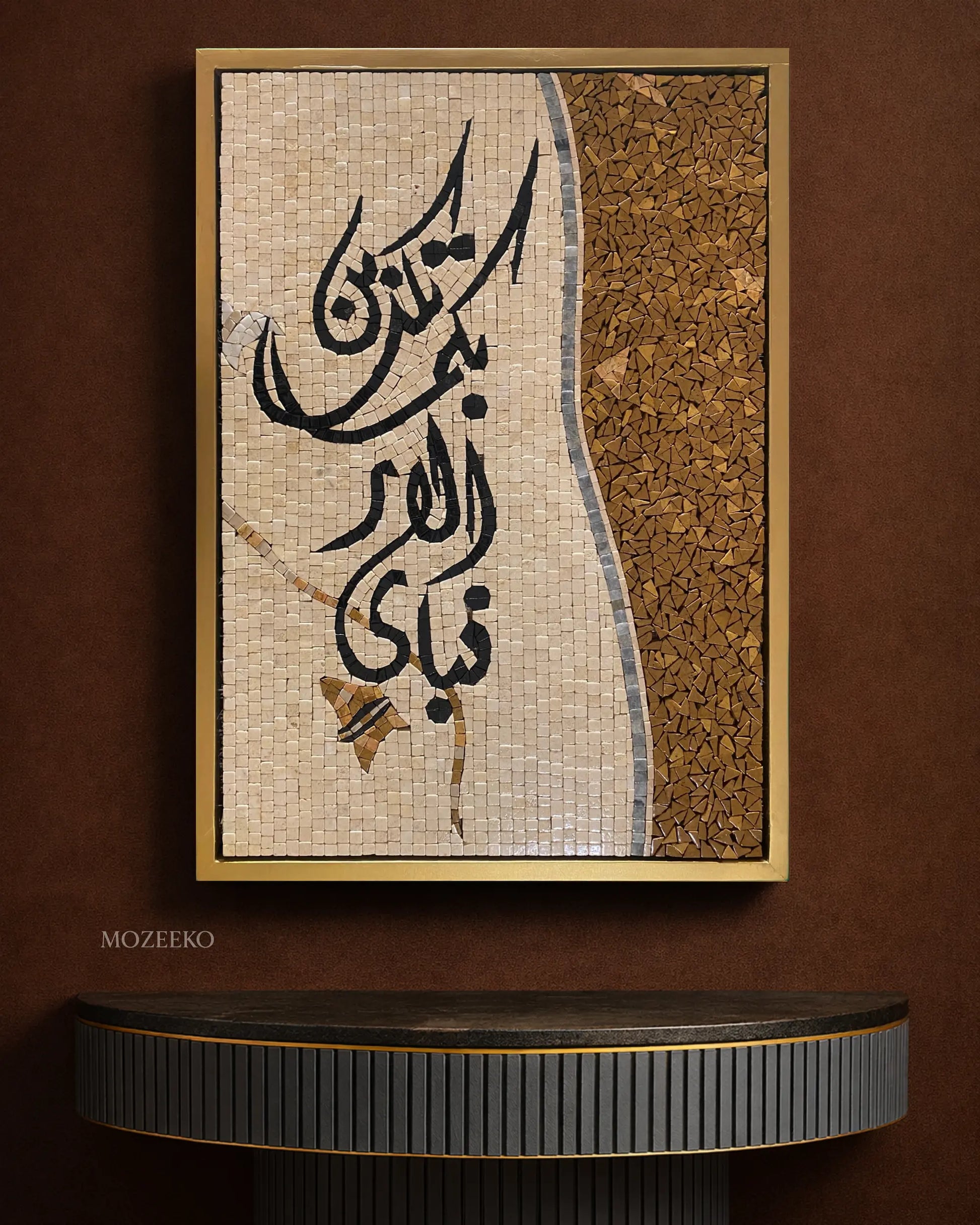 Marble mosaic Islamic calligraphy wall art featuring the verse Fabi Ayye Ala’i Rabbikuma Tukadhdhiban, displayed in a luxury interior with a golden frame.
