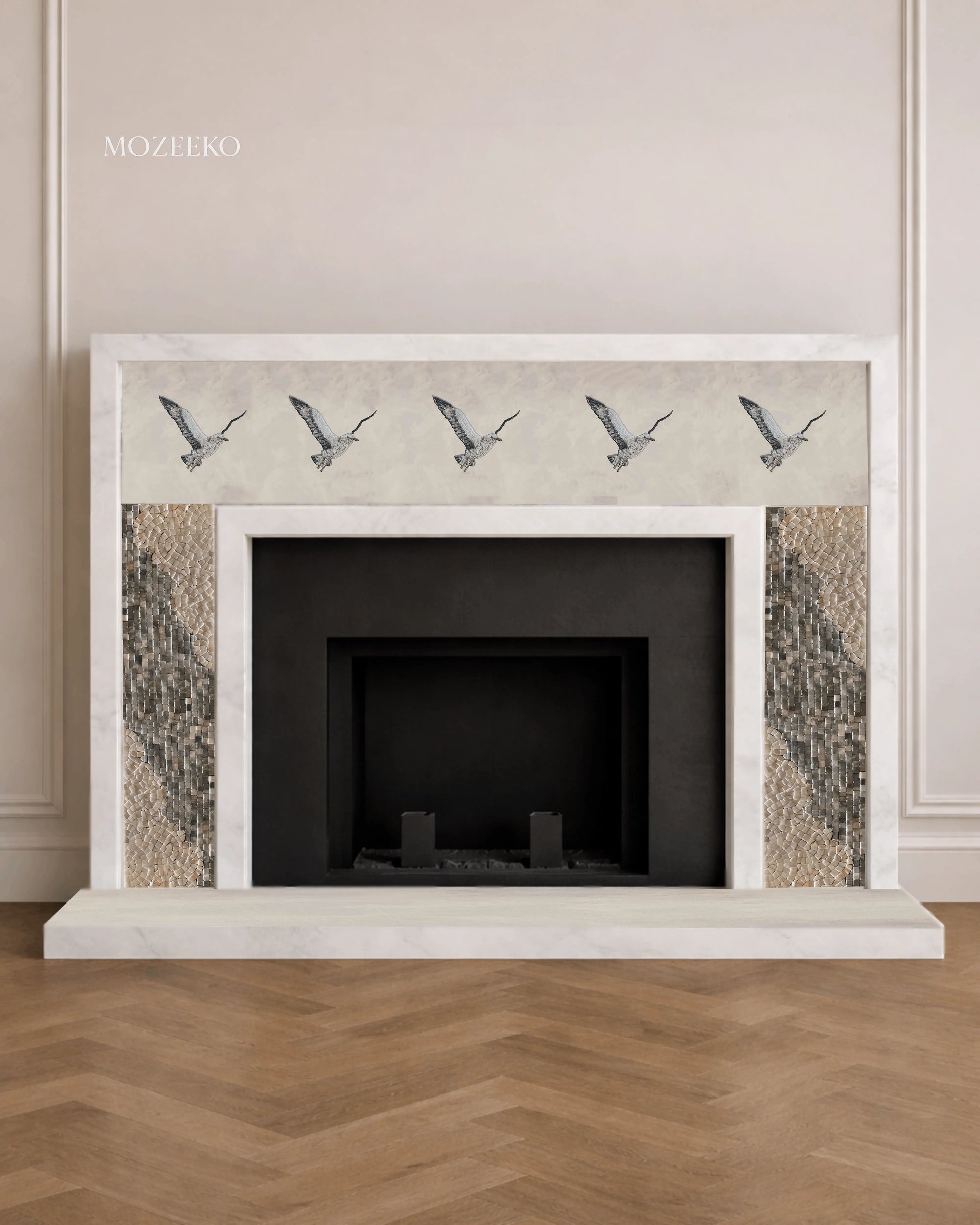 French-style Ziarat White marble fireplace featuring a five-bird mosaic frieze and mosaic-inlaid side pillars, handcrafted and made to order by Mozeeko.