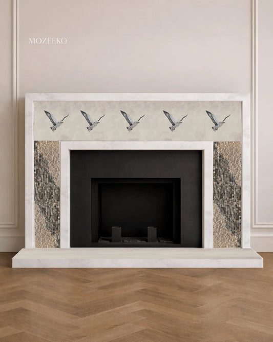 French-style Ziarat White marble fireplace featuring a five-bird mosaic frieze and mosaic-inlaid side pillars, handcrafted and made to order by Mozeeko.