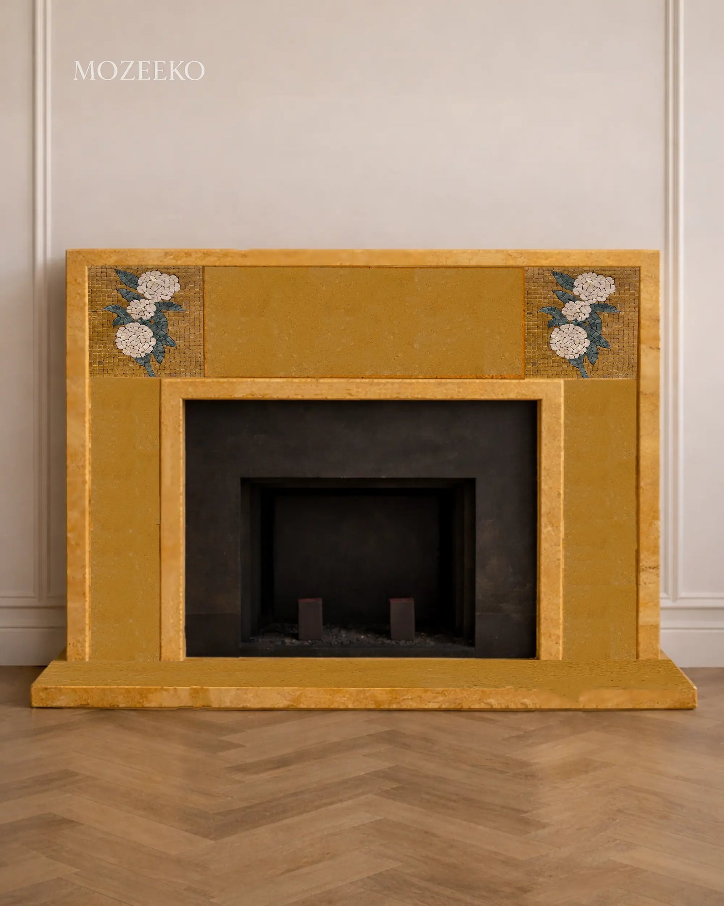 Golden Marble Fireplace with Floral Mosaic | Made-to-Order Luxury Fireplace