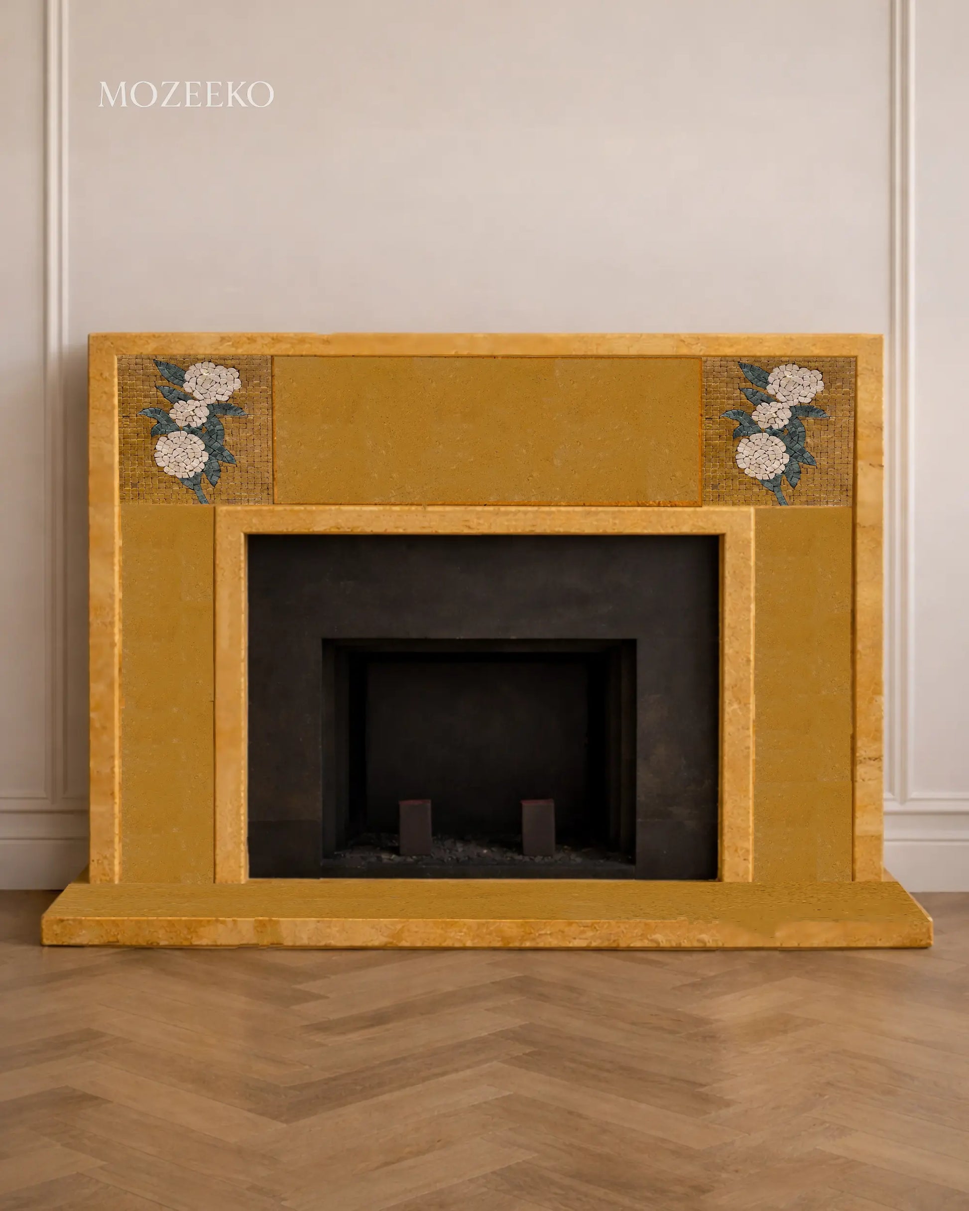 Golden Marble Fireplace with Floral Mosaic | Made-to-Order Luxury Fireplace