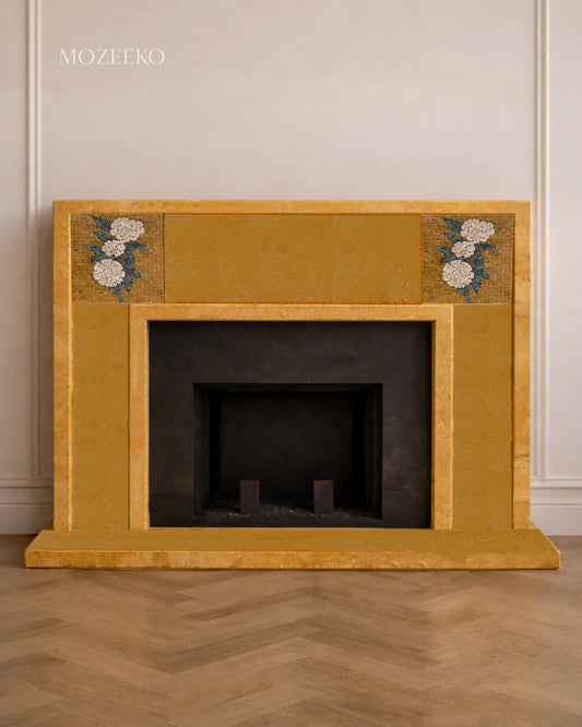 Golden Marble Fireplace with Floral Mosaic | Made-to-Order Luxury Fireplace