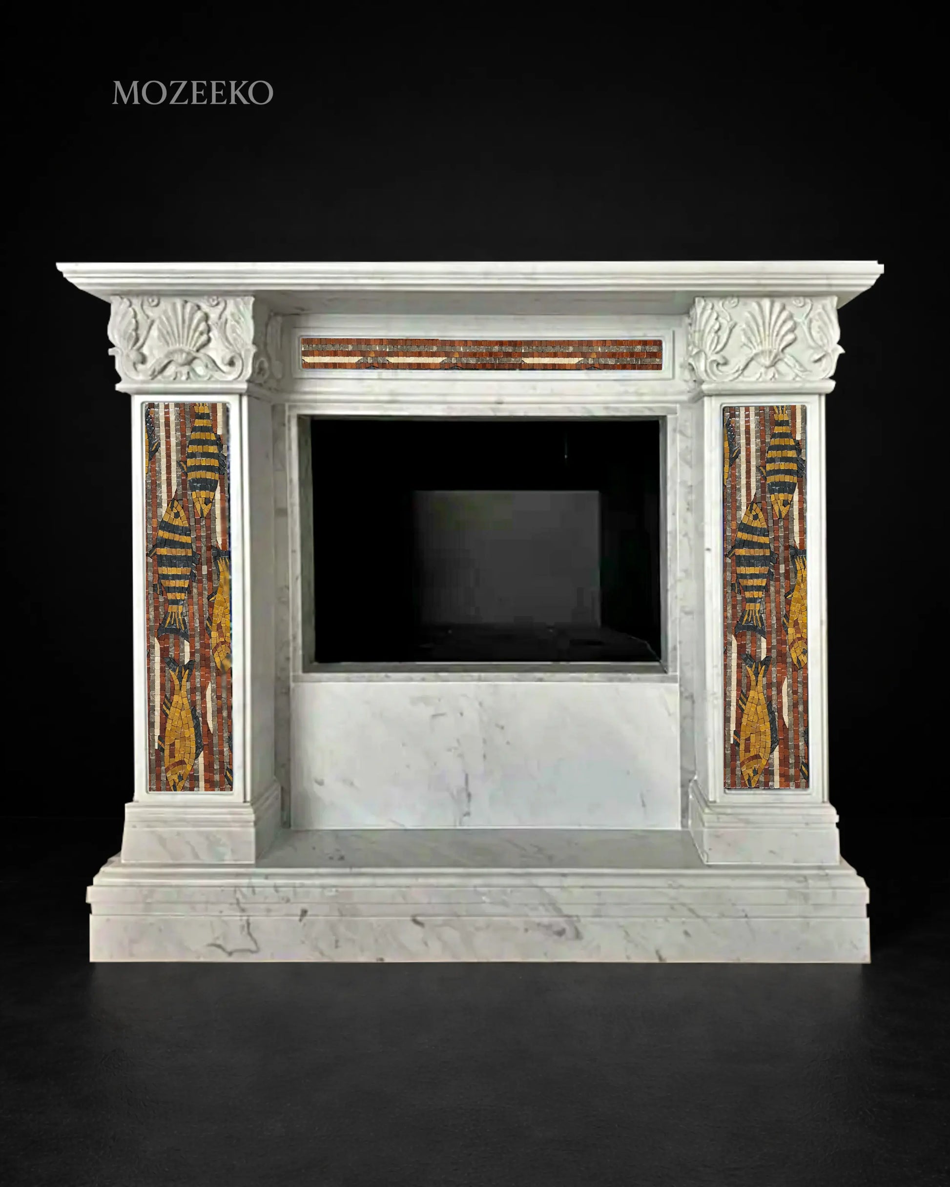 Handcrafted Ziarat White marble fireplace featuring fish mosaic panels in red golden, golden, and black marble, designed in a classical French architectural style.