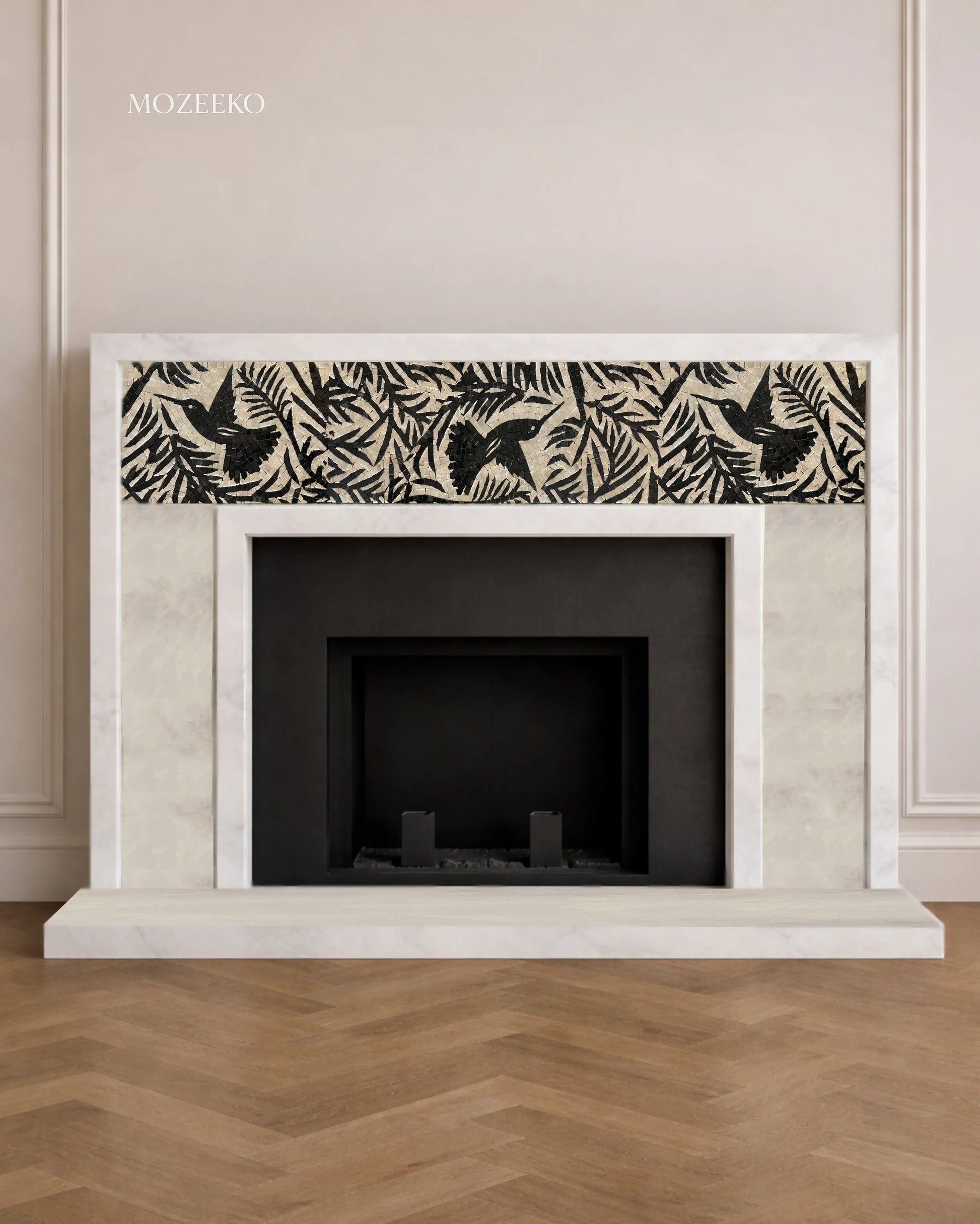 French-style Ziarat White Supreme marble fireplace featuring an inlaid black bird mosaic frieze set within foliage, handcrafted and made to order by Mozeeko.