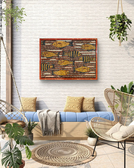 Golden fish marble mosaic artwork with rhythmic movement, framed in a red and gold floating wooden frame