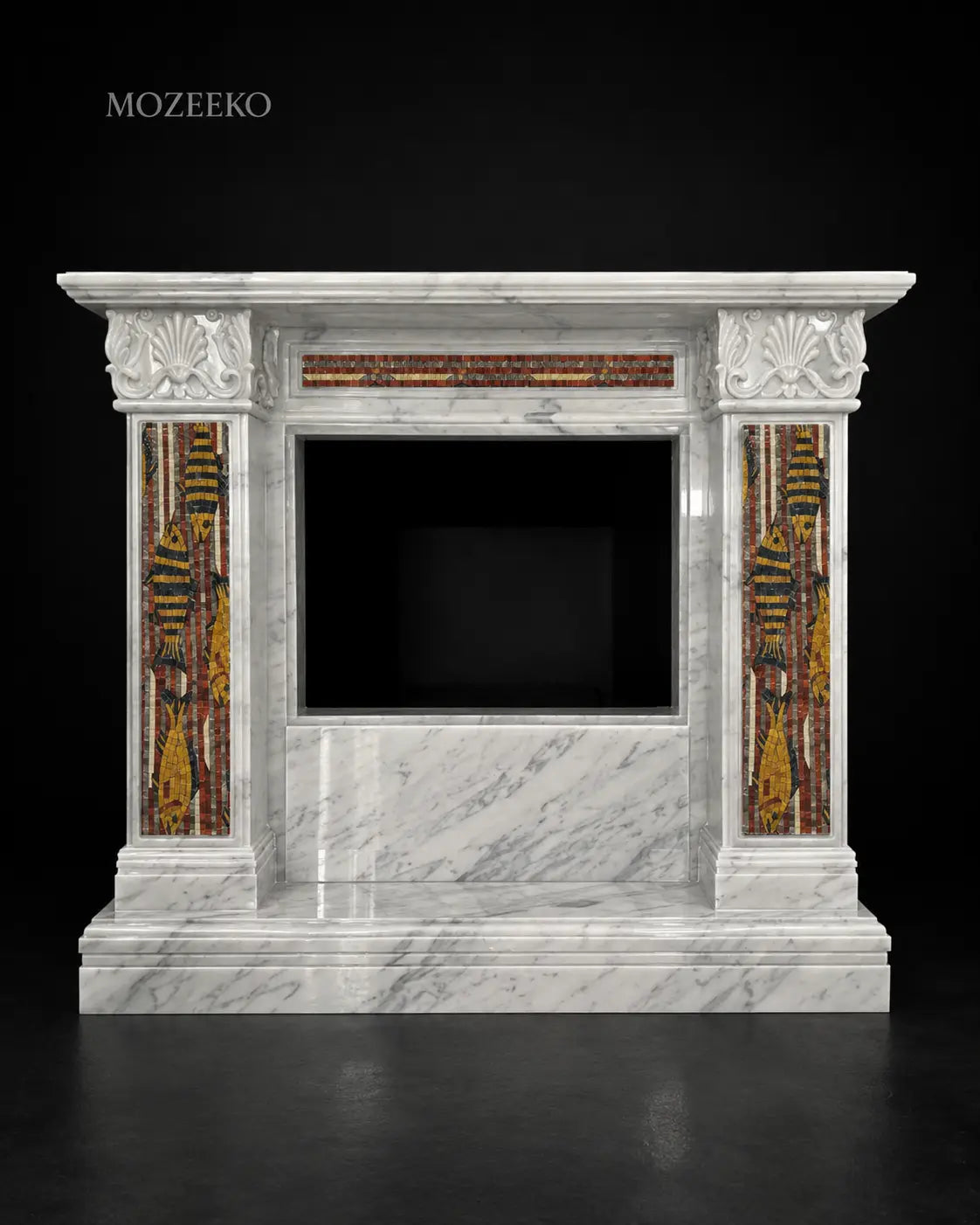 Handcrafted Ziarat White marble fireplace featuring fish mosaic panels in red golden, golden, and black marble, designed in a classical French architectural style.