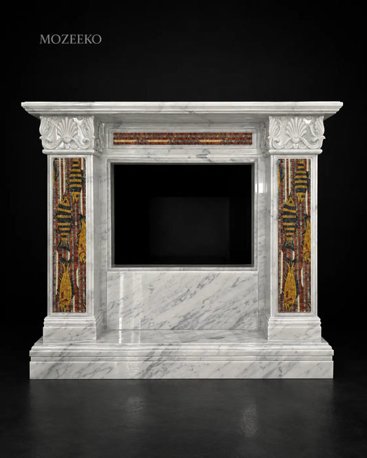 Handcrafted Ziarat White marble fireplace featuring fish mosaic panels in red golden, golden, and black marble, designed in a classical French architectural style.