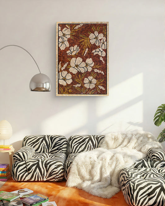 Mosaic artwork of flowers on a wall with 'MOZEeko' branding.2