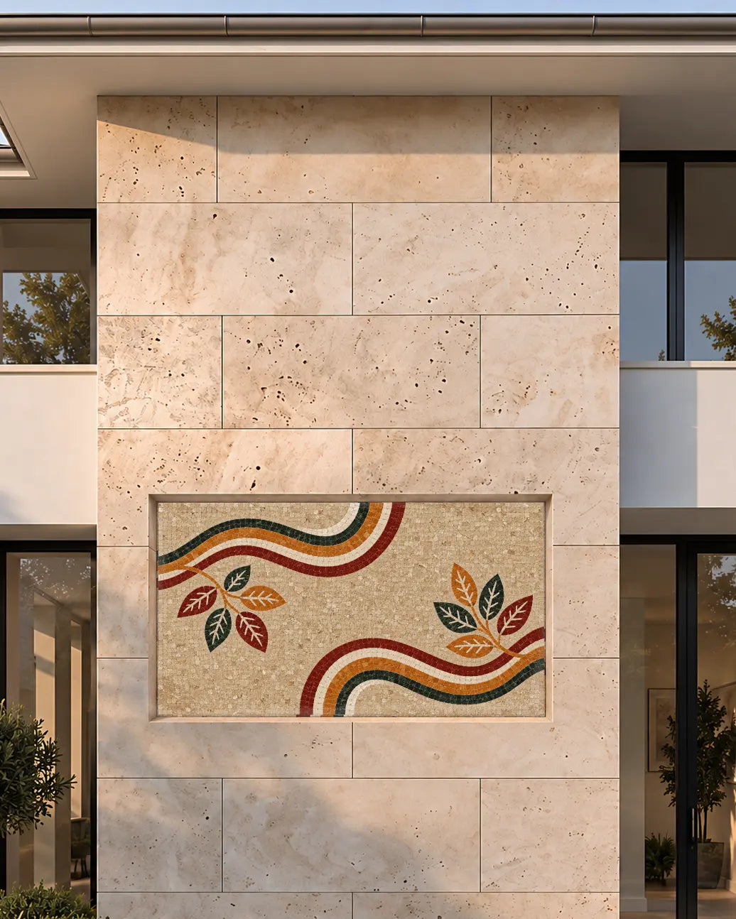 Autumn leaf and flowing wave marble mosaic panel installed in a contemporary exterior travertine wall niche