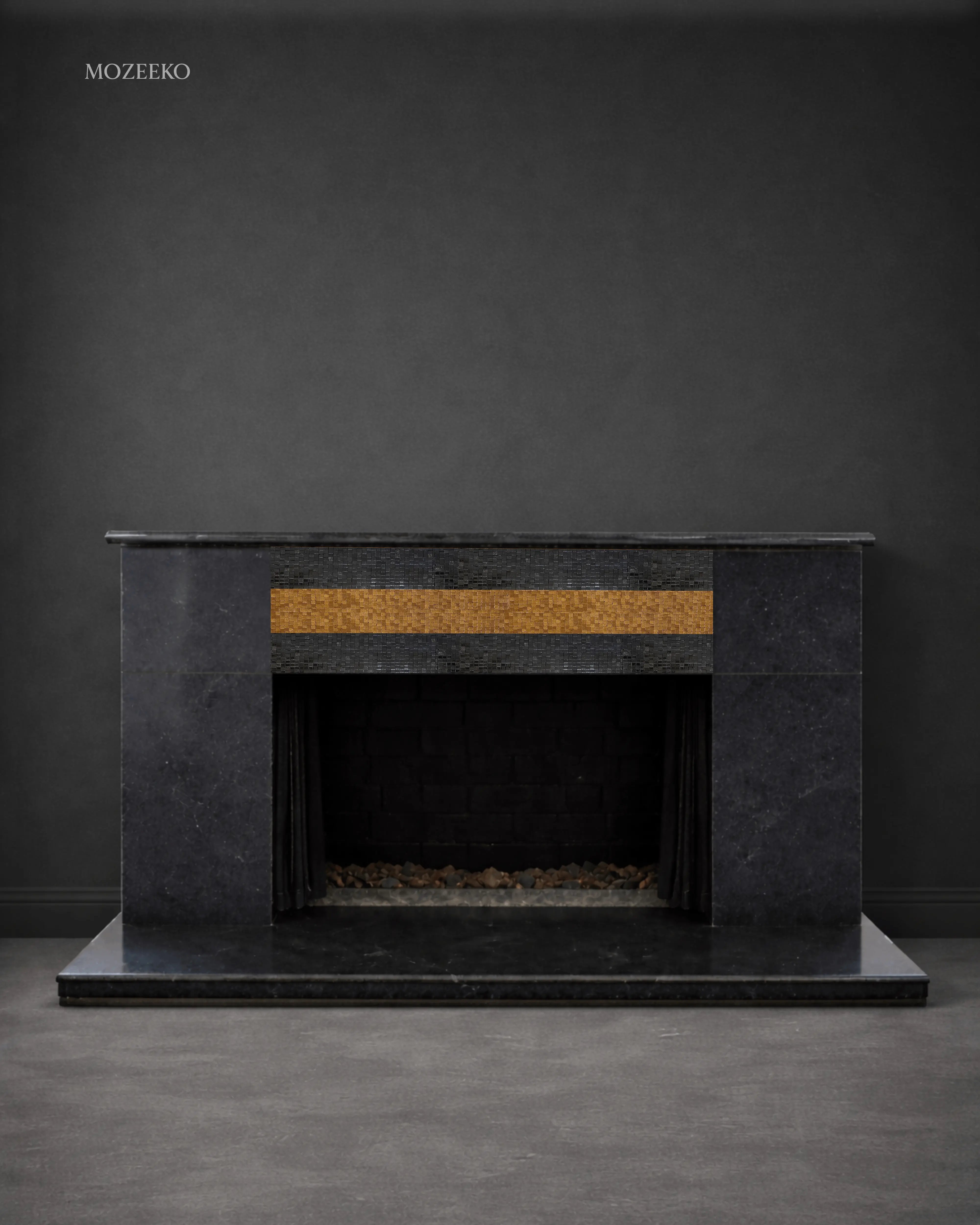 Jet Black Granite Fireplace with Mosaic Inlay | Contemporary Fireplace ...