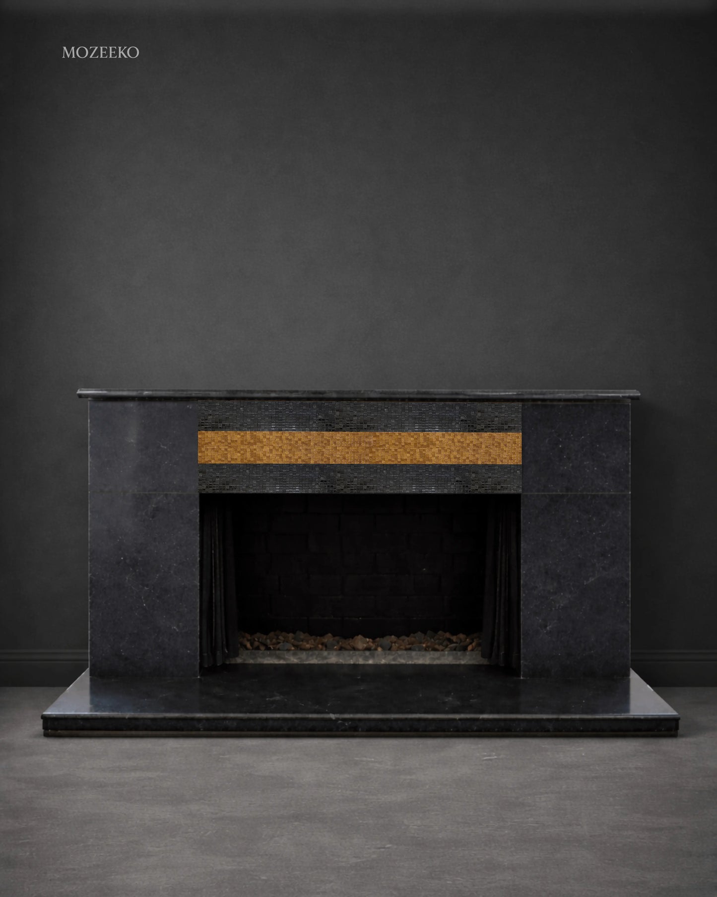 Contemporary jet black granite fireplace with hand-inlaid stone mosaic strip, crafted as a luxury made-to-order piece.